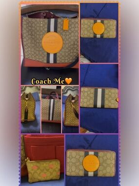 Coach Signature Stripe Tote and Wallet in Khaki, Orange, Navy